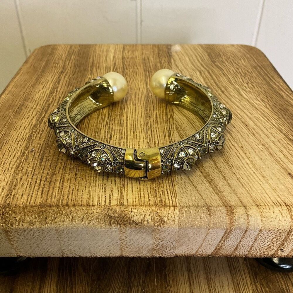 Heidi Daus Art Deco Style Bangle Cuff Bracelet Antique Gold Tone & Crystals
